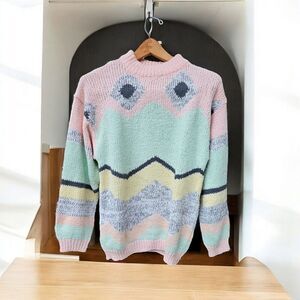 Vtg Y2K One Step Up Chunky Knit Sweater Abstract Geometric Pullover Pastels Med